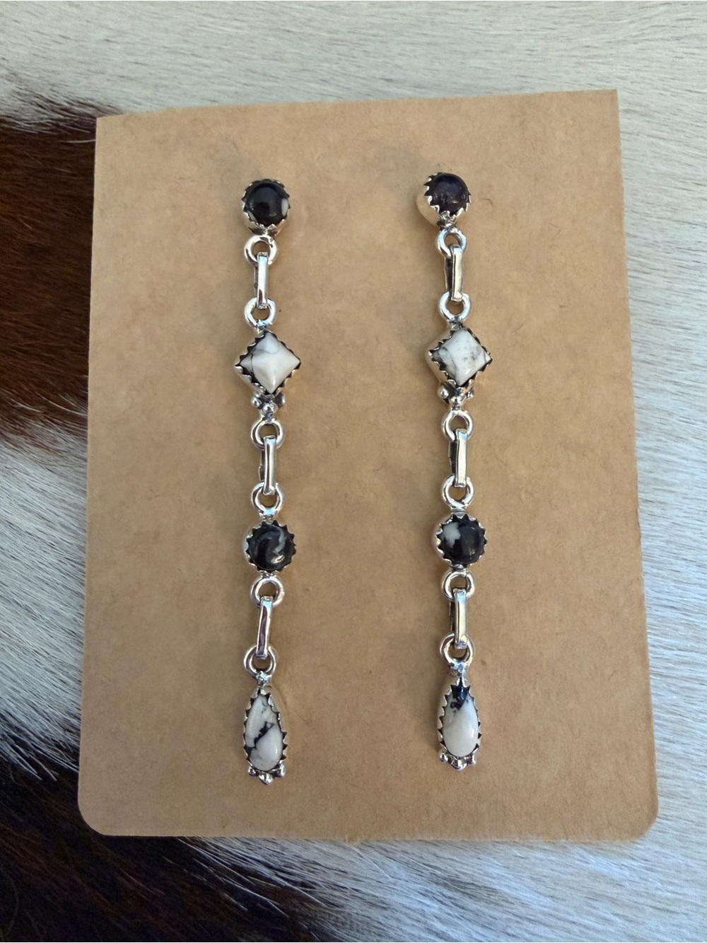 ❤️ White Buffalo Statement Stud Dangle Earrings Sterling 925 Navajo Style 2.59”L - Picture 3 of 14